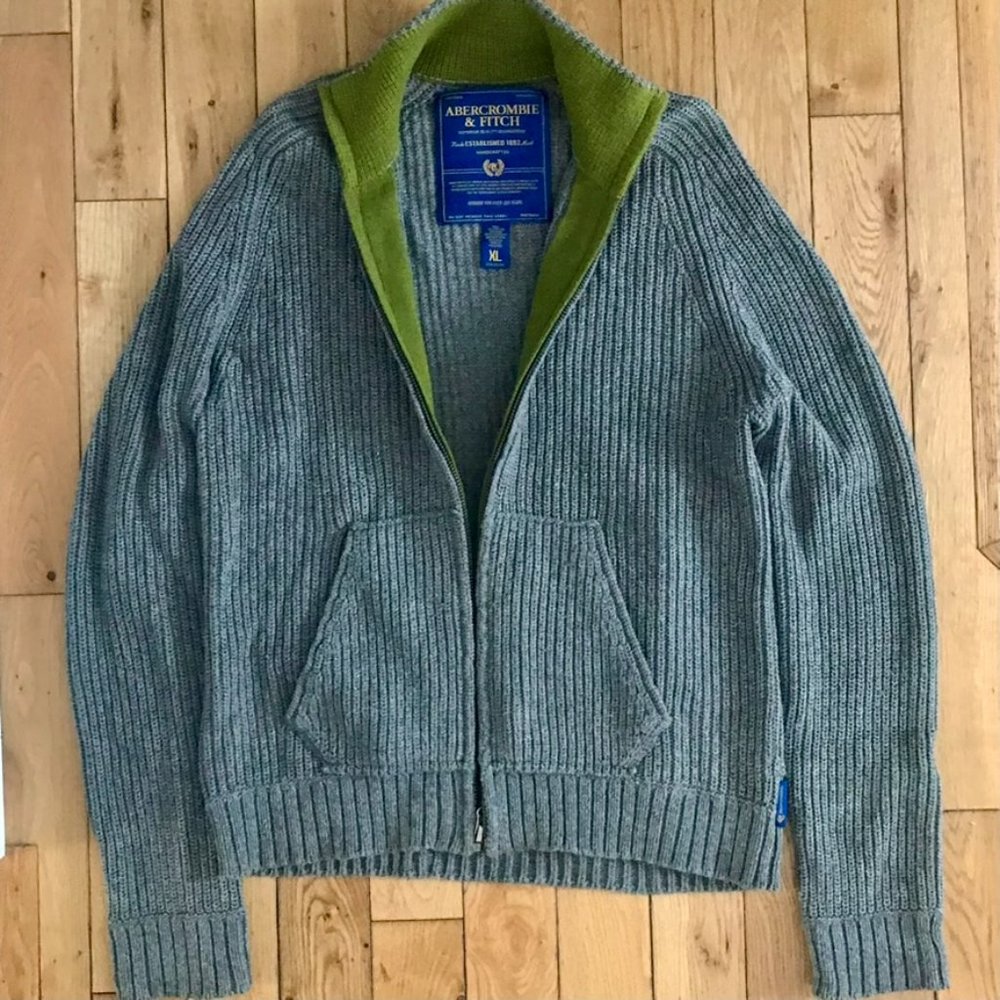 Abercrombie & Fitch Cotton Wool Knit Sweater Full Zip Men's XL Green Olive Heavy